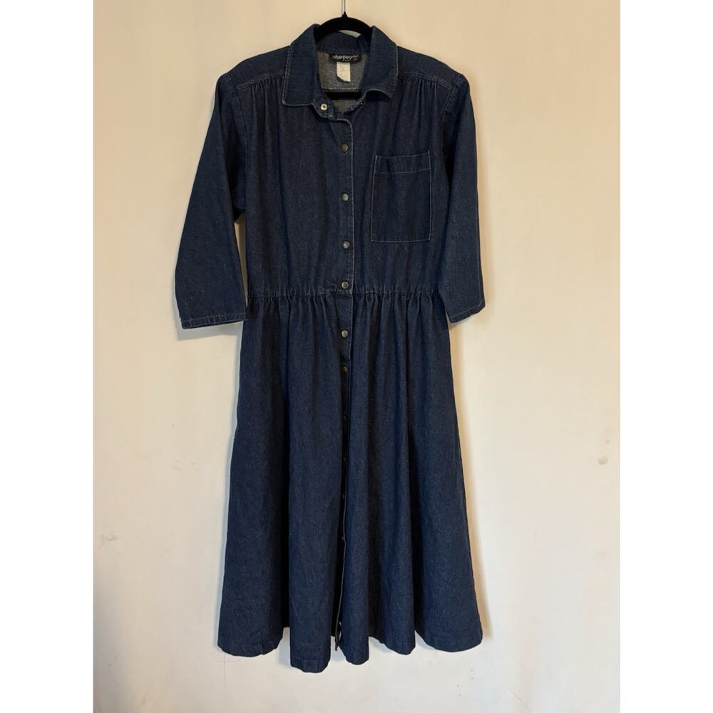 Vtg Denim Dress XL Champagne Midi Elastic Waist Button Up Boho